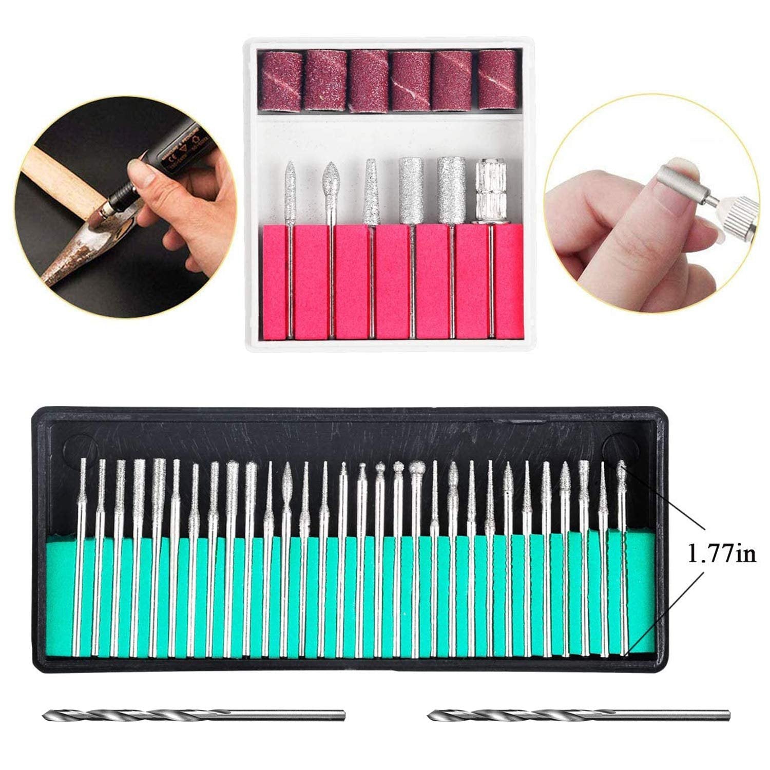 Rotary tool accessory kit with various bits and sanding drums, shown in a multi-panel layout with close-ups of tool usage.
