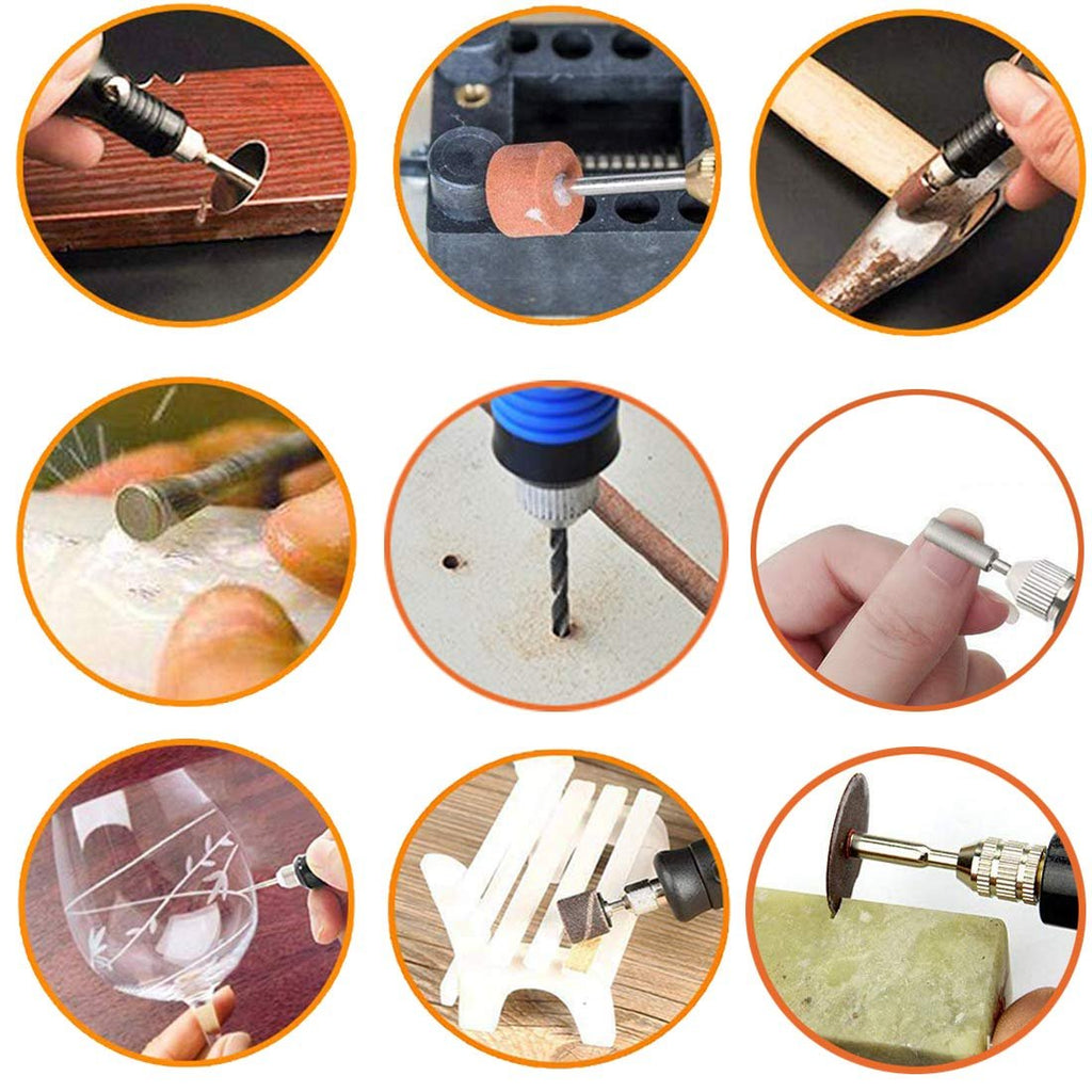 Collage of 9 circular images showing various uses of a rotary tool kit for engraving, grinding, drilling, and cutting on wood, metal, glass, and stone.
