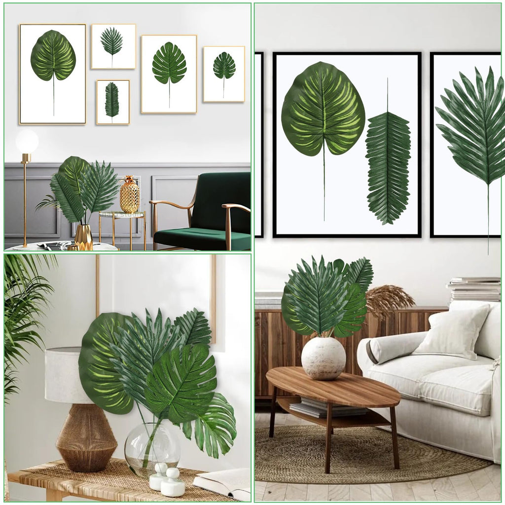Collage of artificial tropical leaves displayed in vases and framed art, showcasing jungle and palm leaf designs in home decor settings.