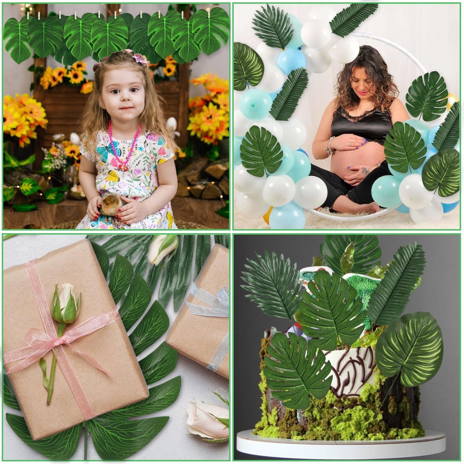 Collage of tropical leaf decorations: child with leaves, pregnant woman with leaves and balloons, gifts with leaves, and cake decorated with leaves.