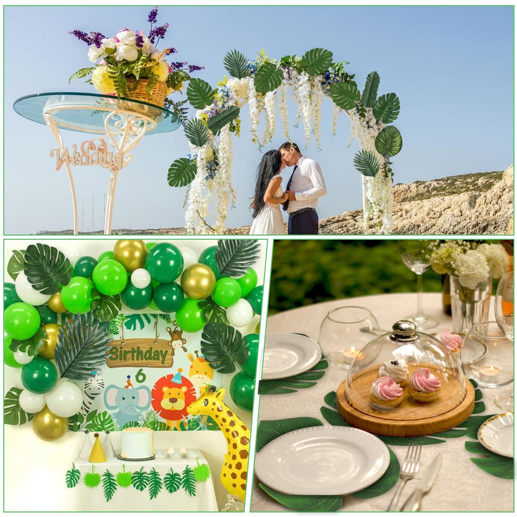 Collage of tropical leaf decorations for parties: wedding arch, birthday party setup, and table decor.