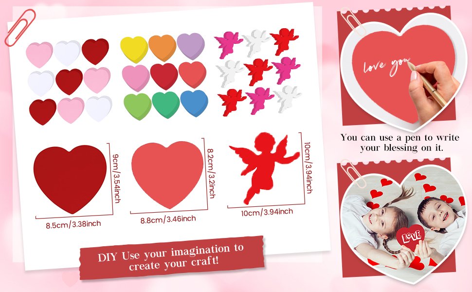 Assortment of colorful paper hearts and cherub shapes with size dimensions and lifestyle images of children