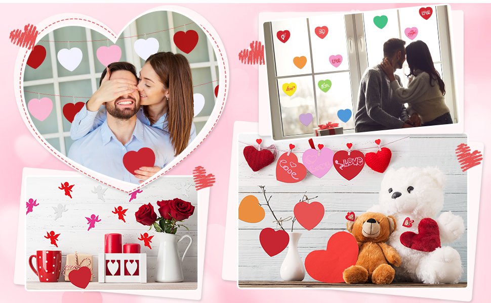 Collage of Valentine's Day decorations including heart cutouts, cupids, roses, and teddy bears.