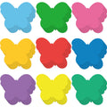 Stacks of colorful butterfly paper cutouts in blue, green, pink, yellow, red, and purple on a white background.