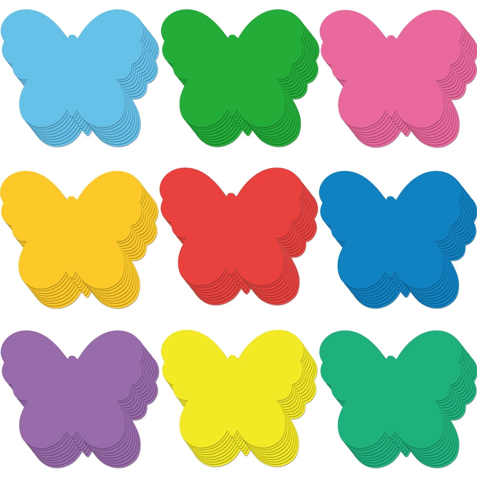 Stacks of colorful butterfly paper cutouts in blue, green, pink, yellow, red, and purple on a white background.