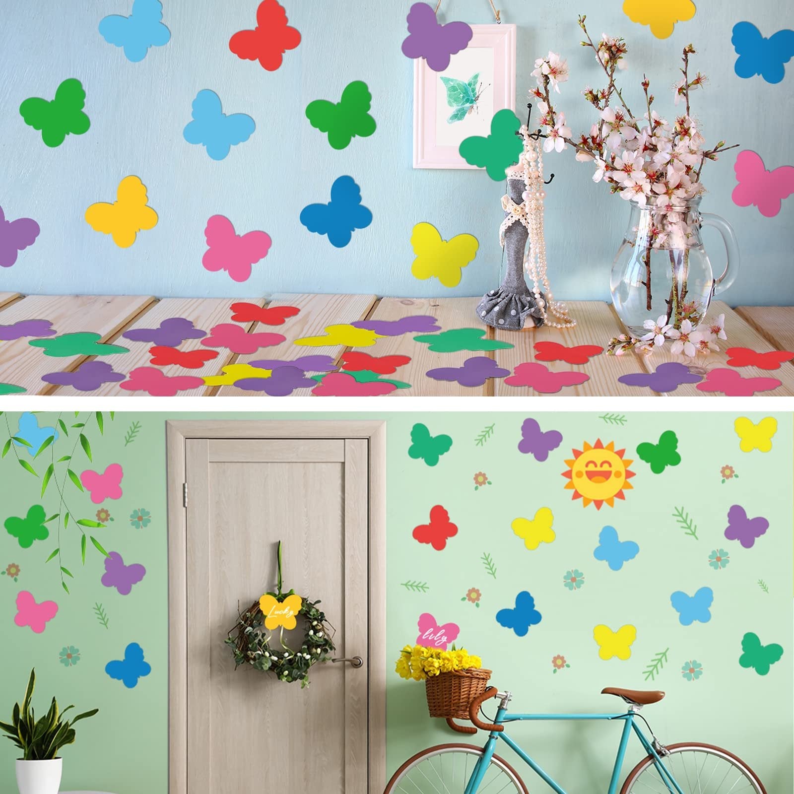 Colorful paper butterfly cutouts decorating a wall and scattered on a wooden surface, with a bicycle and wreath in the background.