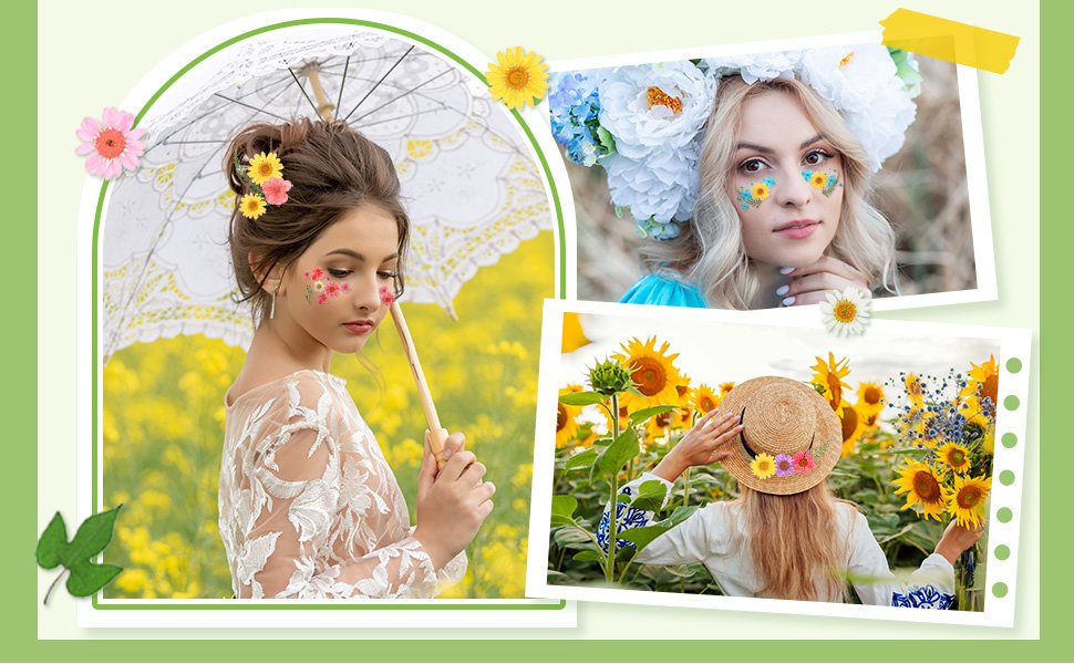 Collage of three women with pressed flowers applied to their faces and hats, set against floral backgrounds.