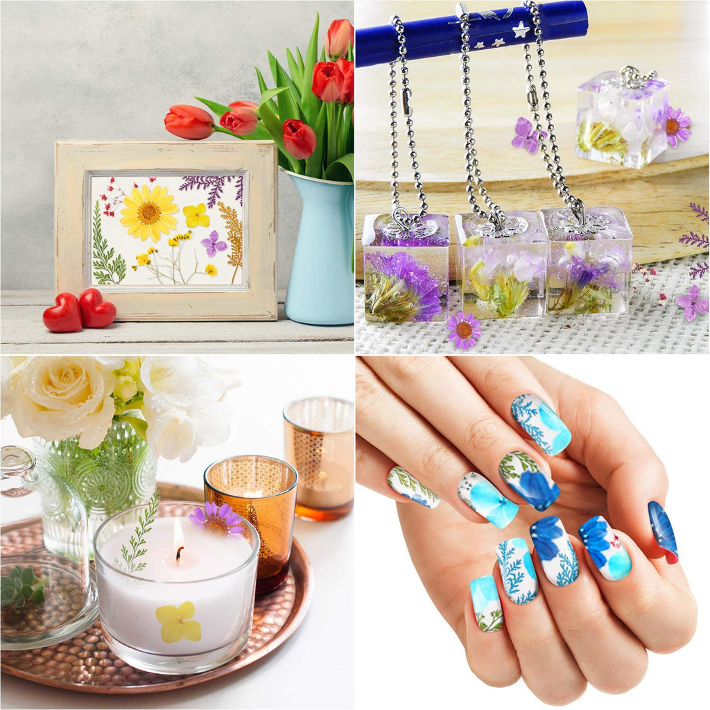 Collage of four images showing dried pressed flowers in a frame, resin pendants with flowers, a candle with flowers, and nail art with floral designs.