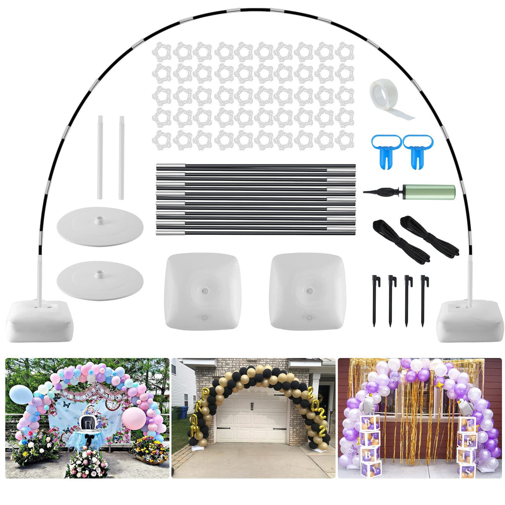 Adjustable balloon arch stand kit with bases, poles, clips, pump, and ground stakes, shown with three example balloon arch decorations.