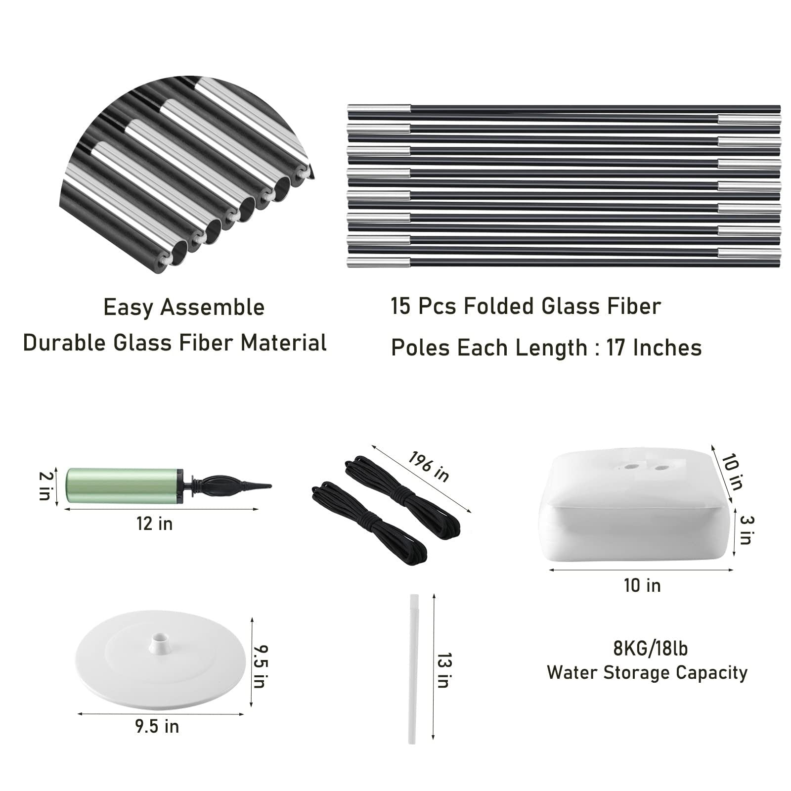 Balloon arch stand components including poles, pump, ropes, base, and ground stakes with dimensions.
