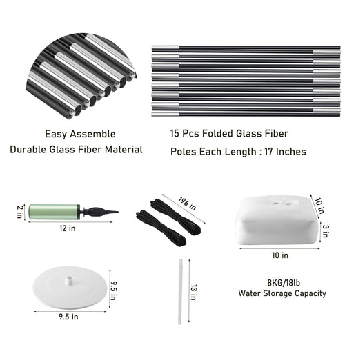Balloon arch stand components including poles, pump, ropes, base, and ground stakes with dimensions.