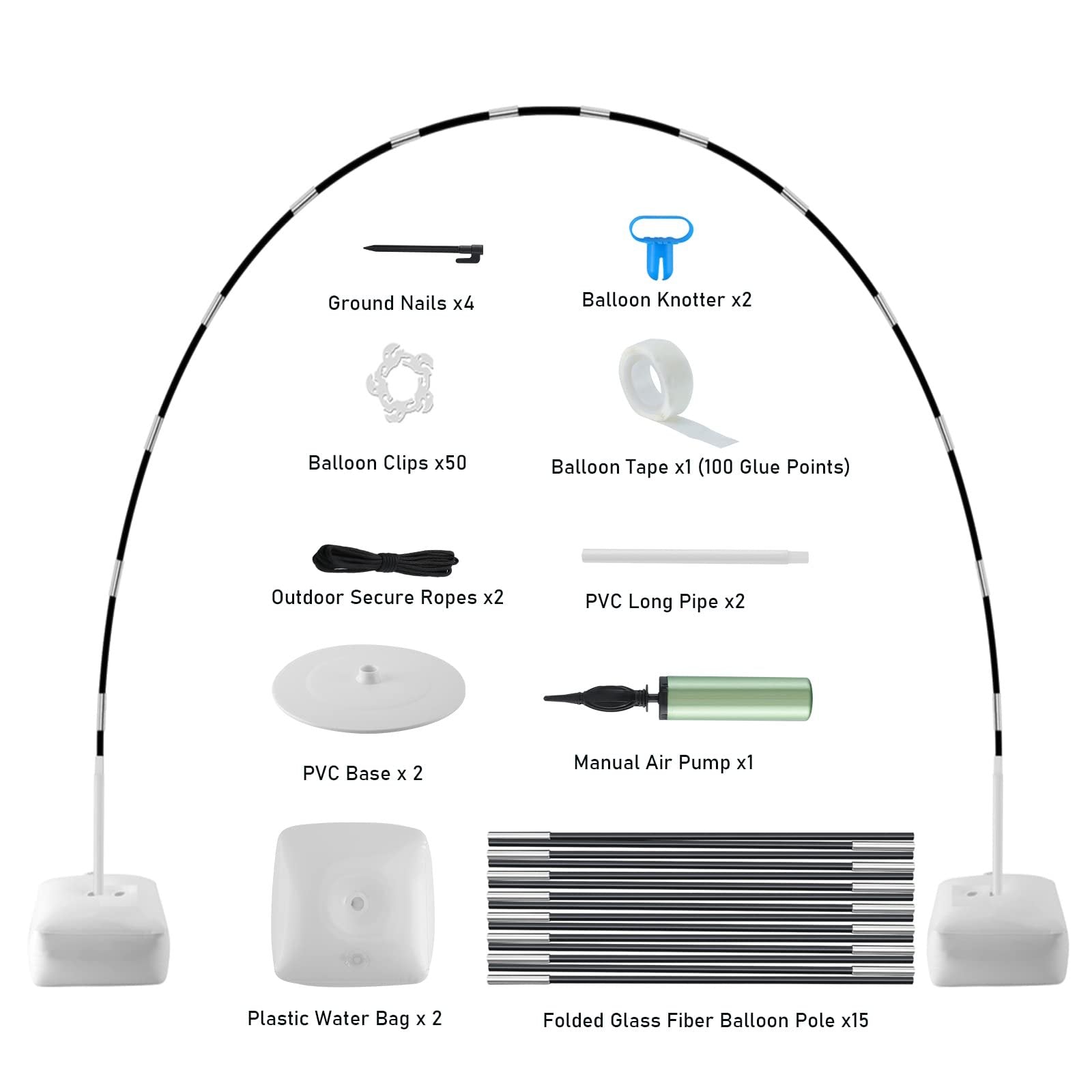 Adjustable balloon arch stand kit contents laid out, including poles, bases, pump, clips, and tape.