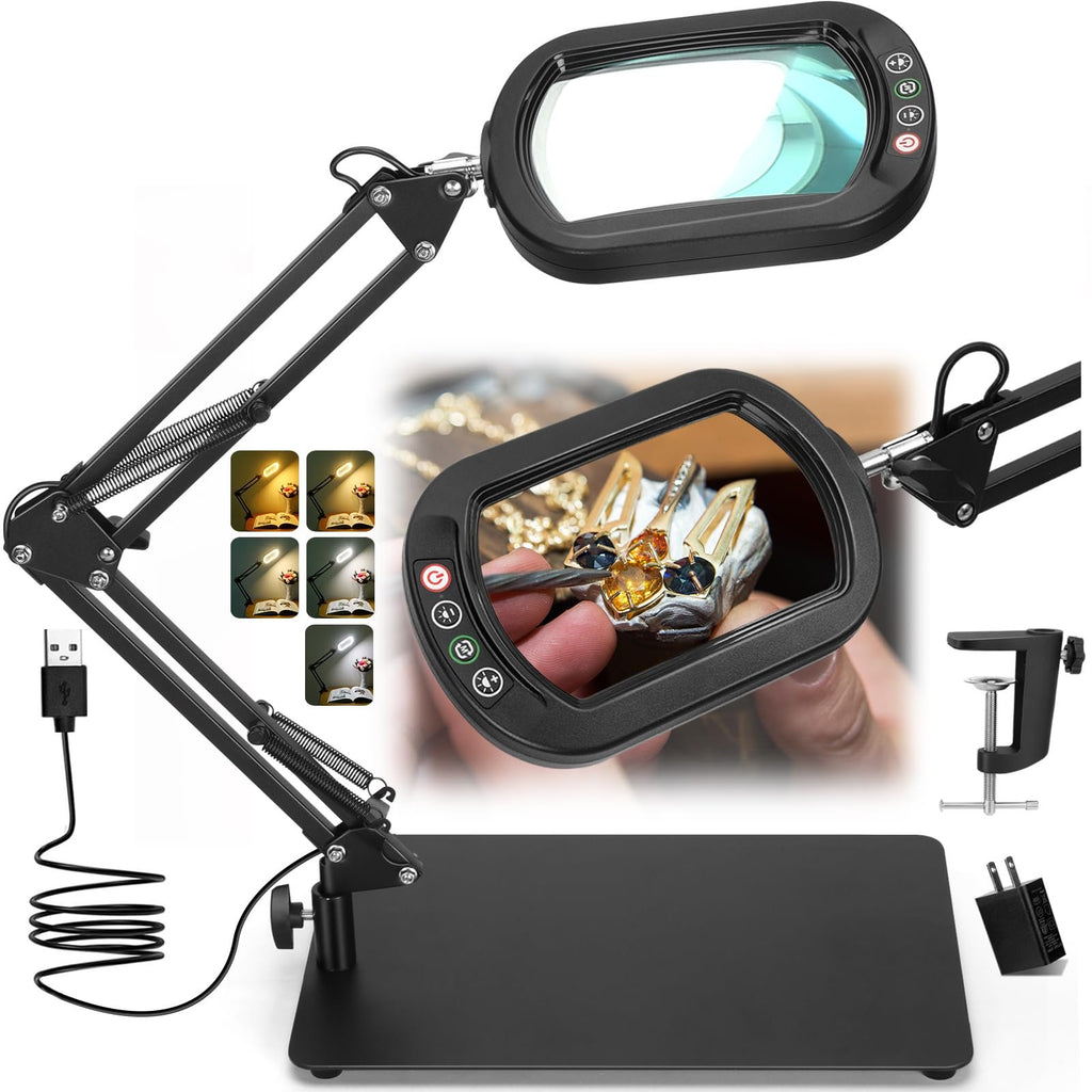 Adjustable magnifying glass with LED light and stand, showing close-up of jewelry repair and different light modes.