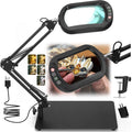 Adjustable magnifying glass with LED light and stand, showing close-up of jewelry repair and different light modes.