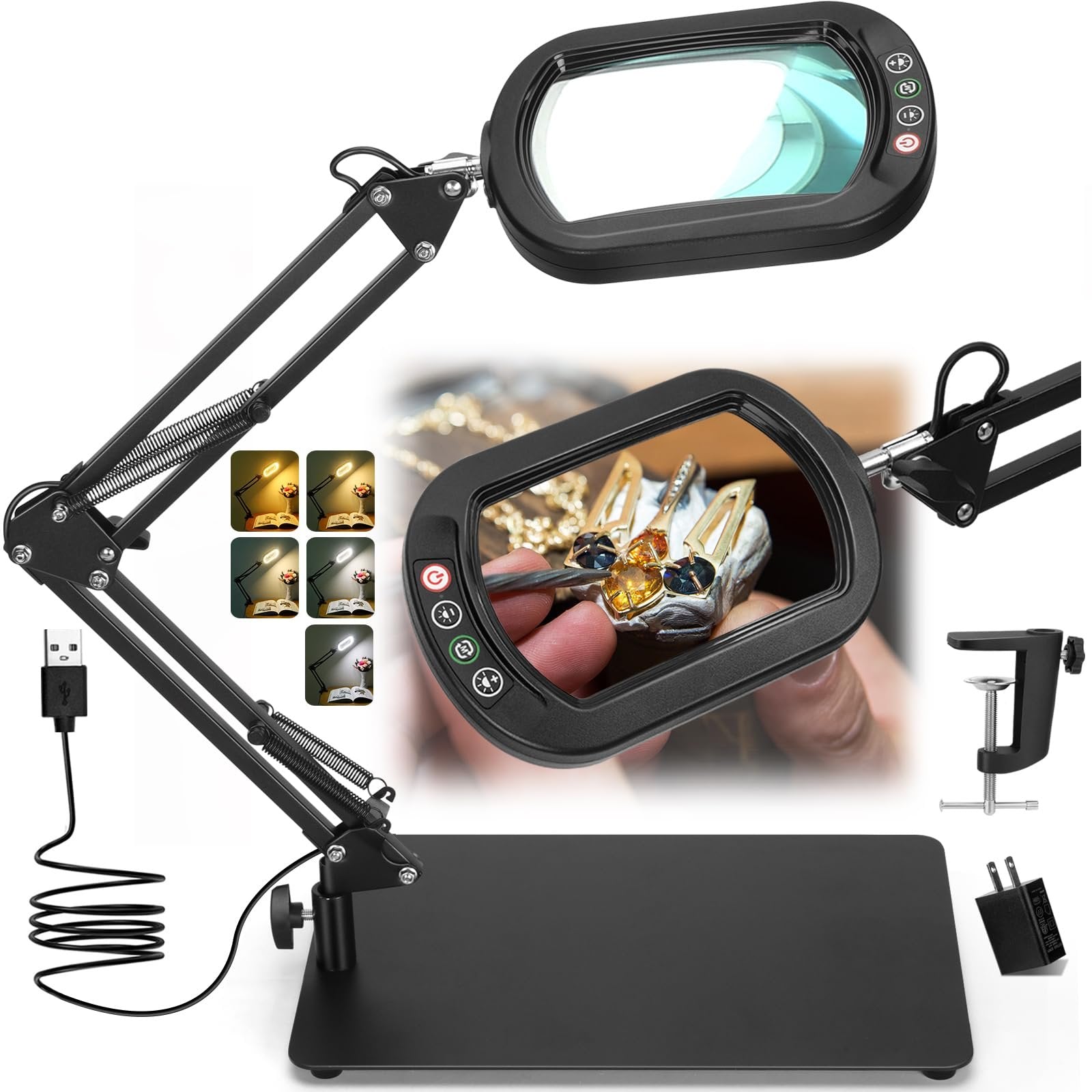 Adjustable magnifying glass with LED light and stand, showing close-up of jewelry repair and different light modes.