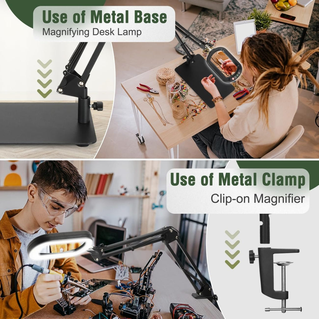 Collage showing a magnifying desk lamp with a metal base and a clip-on magnifier attachment, with people using them for crafts and electronics repair.