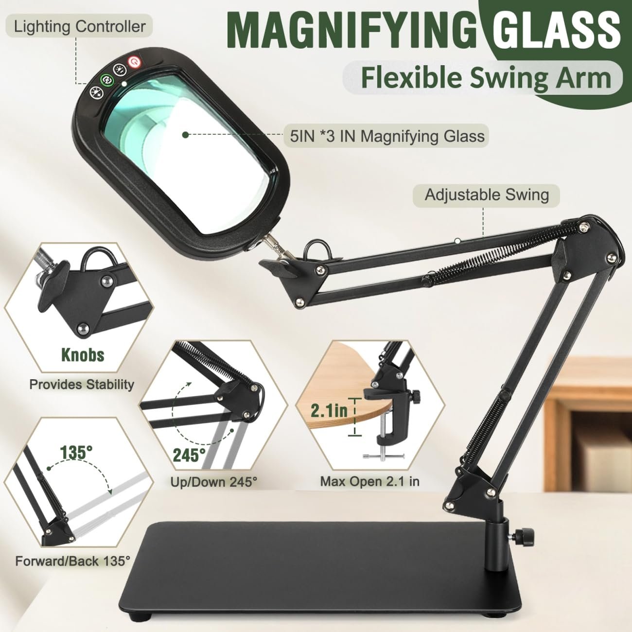 Magnifying glass with adjustable swing arm and base, showing lighting controller and clamp mount features.