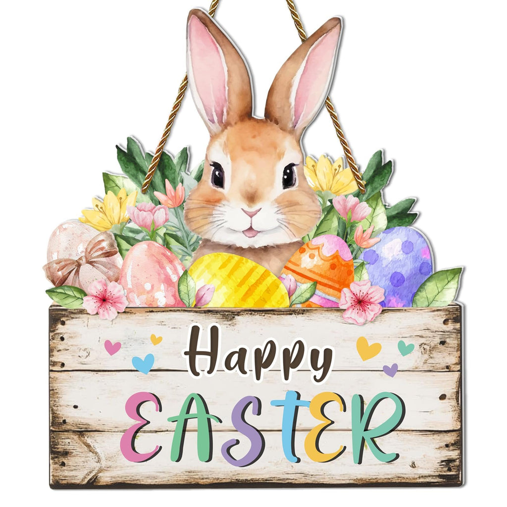 Easter door sign with a bunny, floral accents, and colorful eggs, reading 'Happy Easter'