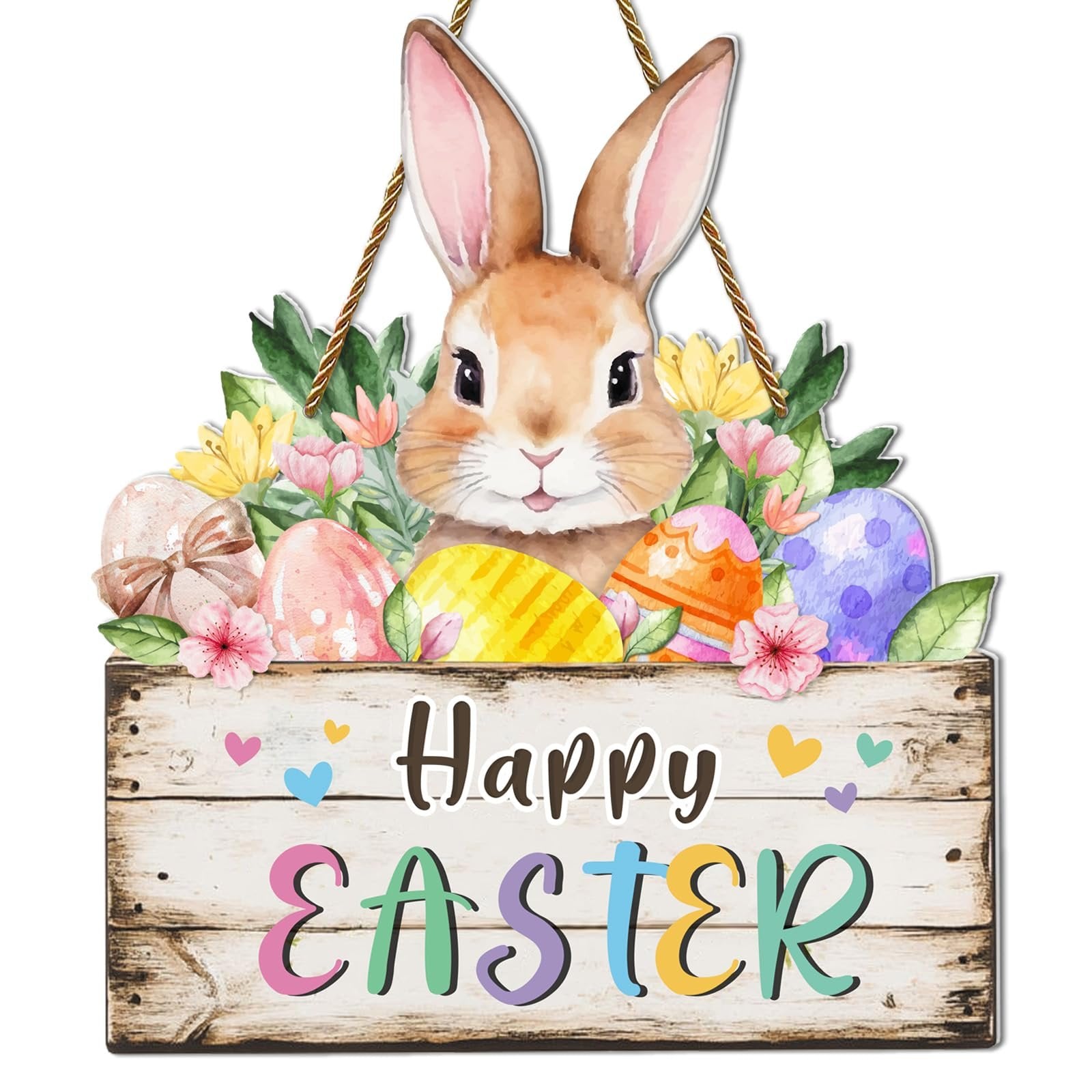 Easter door sign with a bunny, floral accents, and colorful eggs, reading 'Happy Easter'