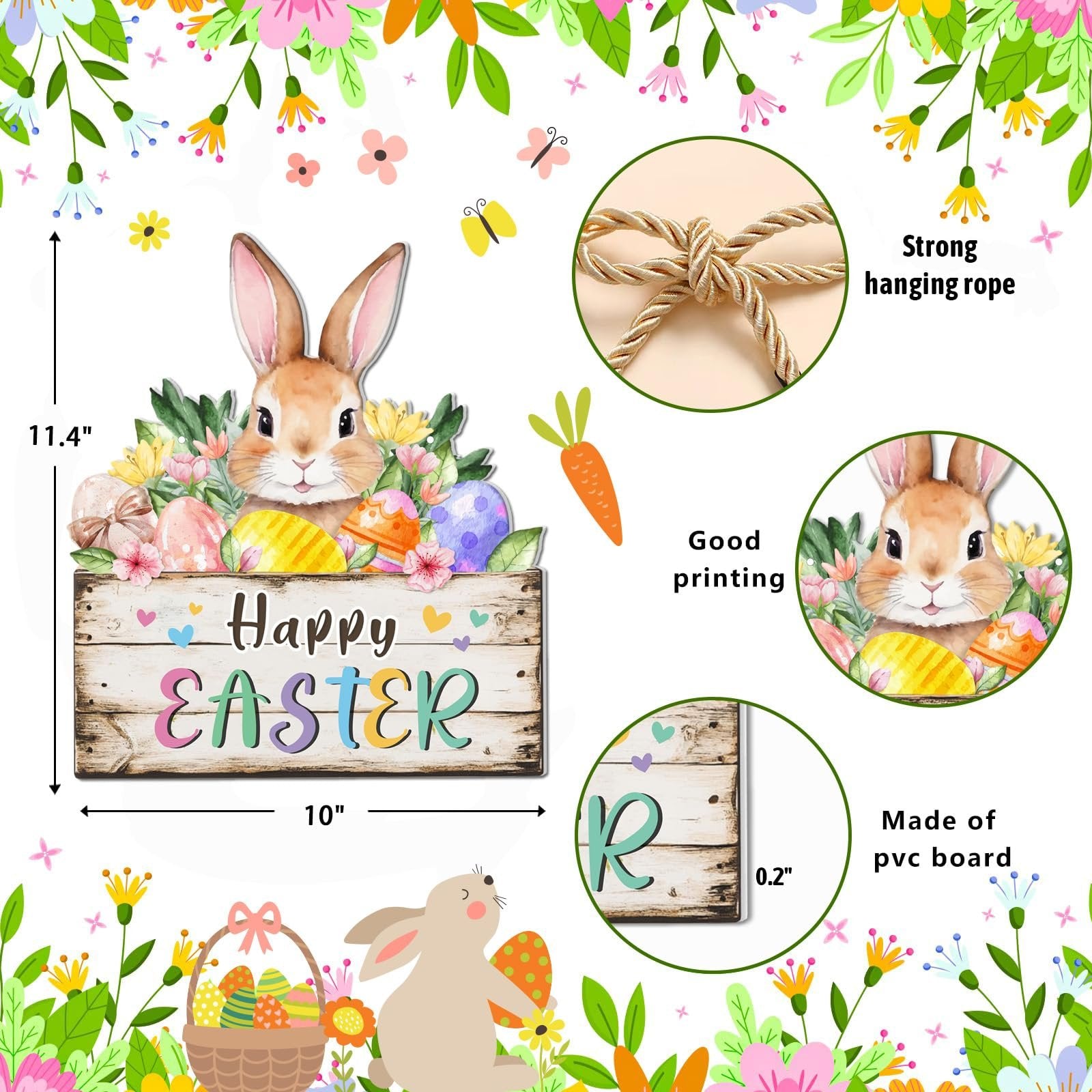 Happy Easter door sign with bunny, eggs, and floral border, showing dimensions and material.