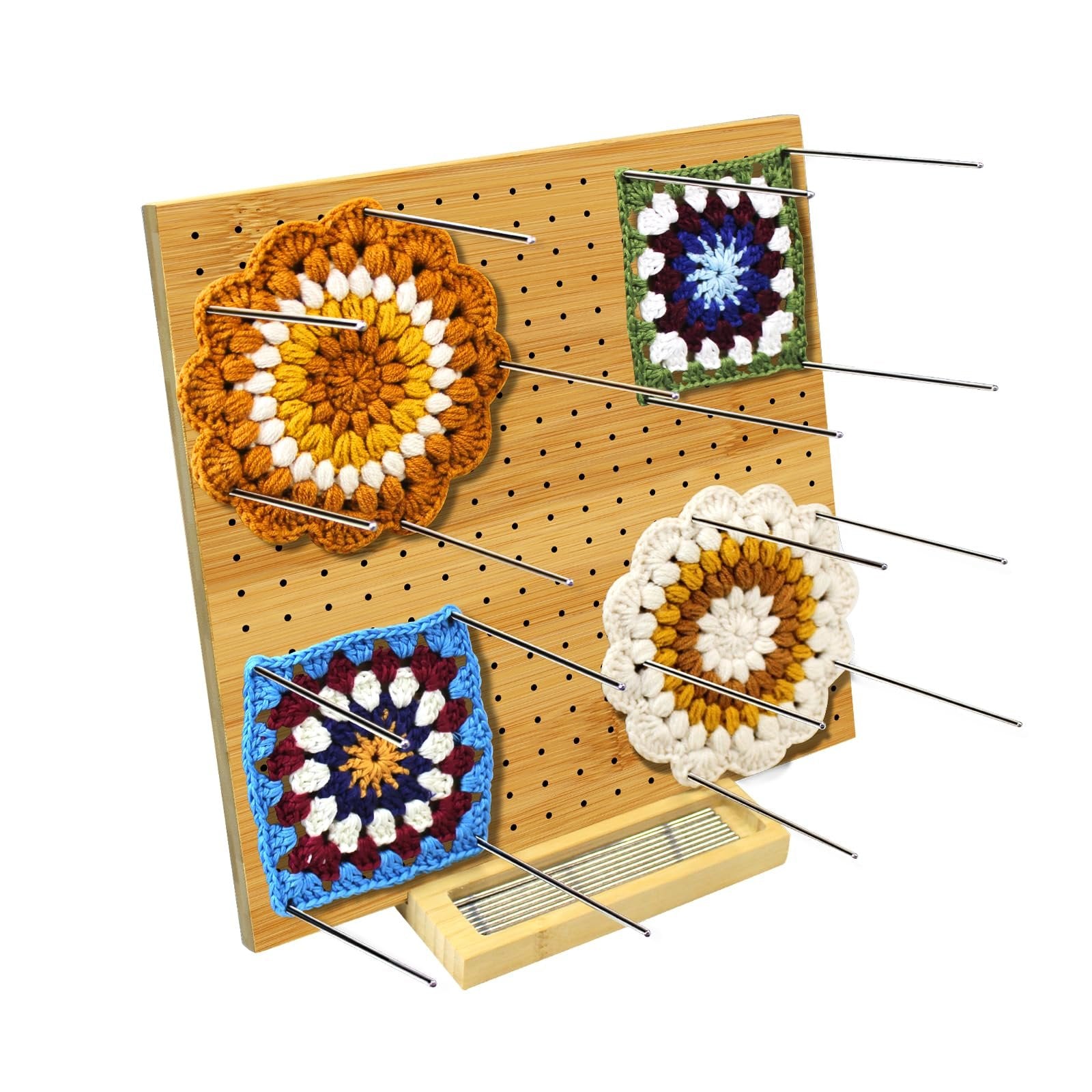 Bamboo blocking board with 4 crochet squares and 20 steel pins, showing a tool for shaping knitted or crocheted items.