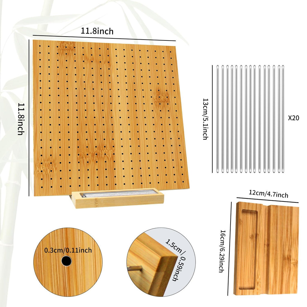 Bamboo blocking board with steel pins and wooden stand, showing dimensions and hole size