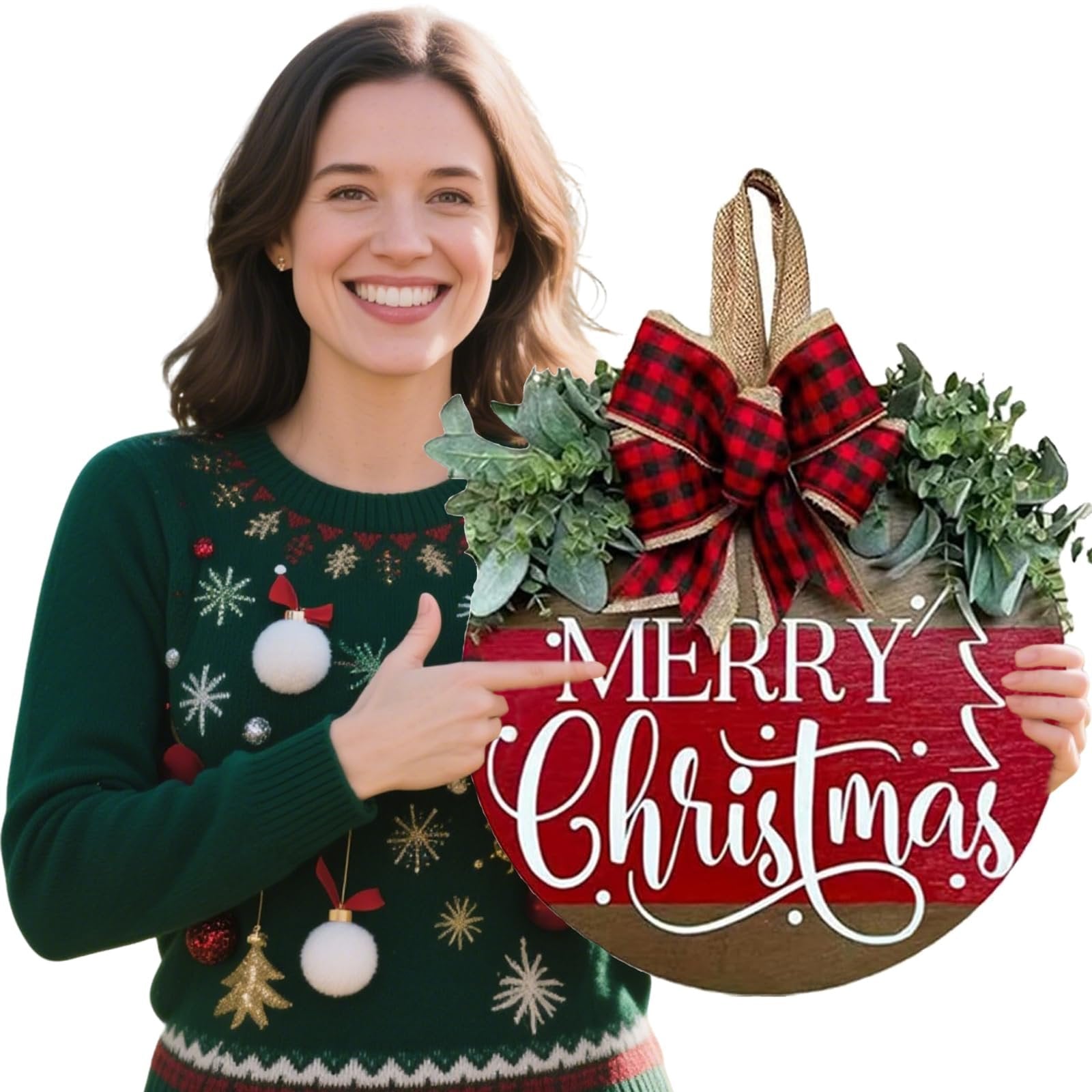 Woman in a festive sweater pointing to a round wooden Merry Christmas sign with a plaid bow and greenery