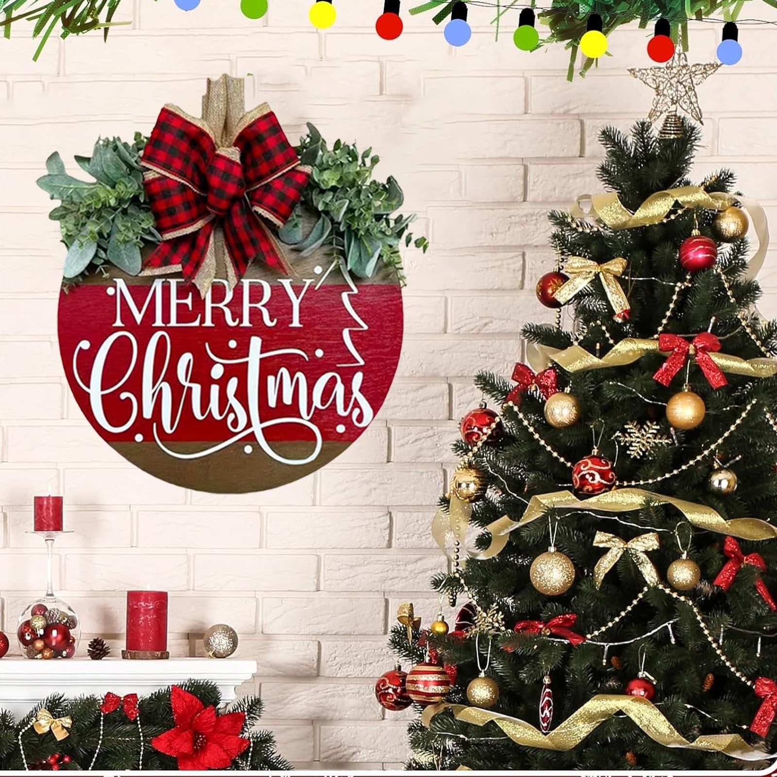 Wooden Merry Christmas hanging sign with plaid bow and greenery, displayed next to a decorated Christmas tree.