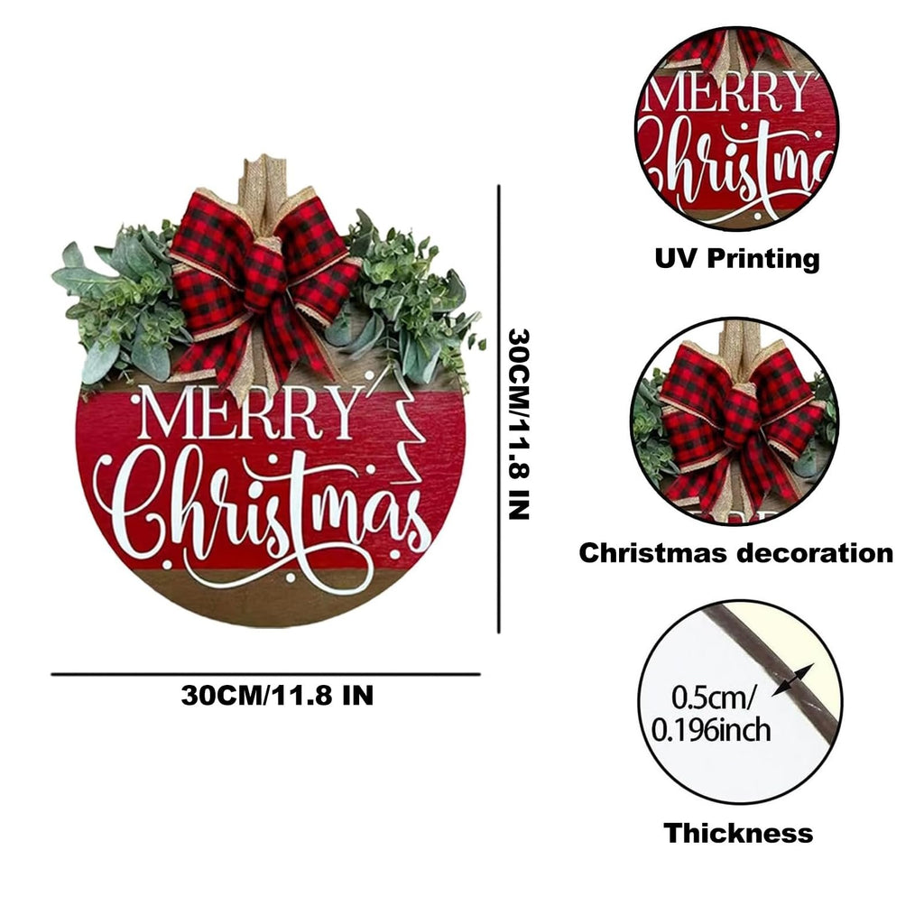 Round wooden Merry Christmas sign with red buffalo plaid bow and green leaves, showing dimensions and thickness.