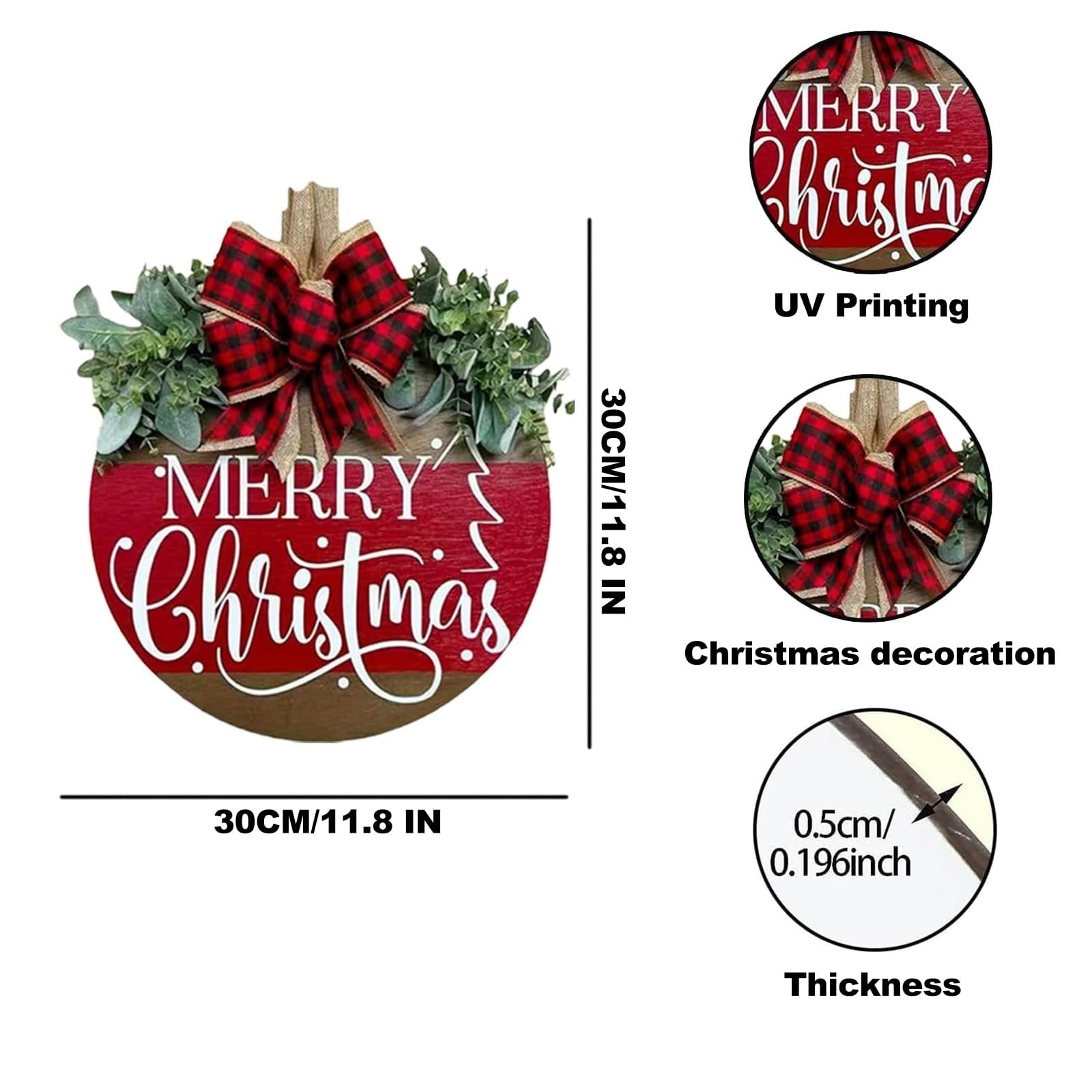Round wooden Merry Christmas sign with red buffalo plaid bow and green leaves, showing dimensions and thickness.