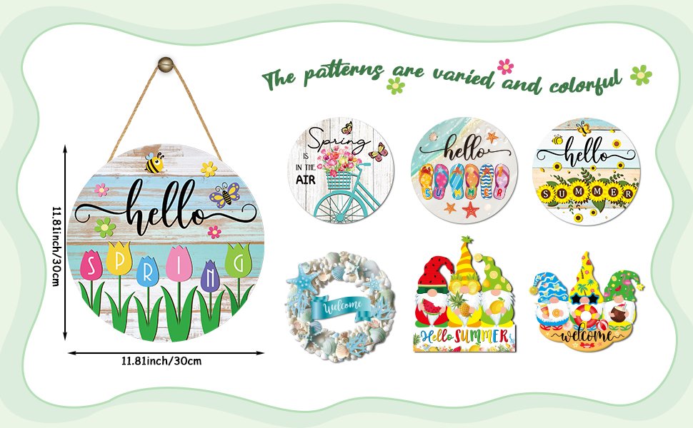 Collection of seasonal round wooden signs and gnome figures with decorative elements and text.