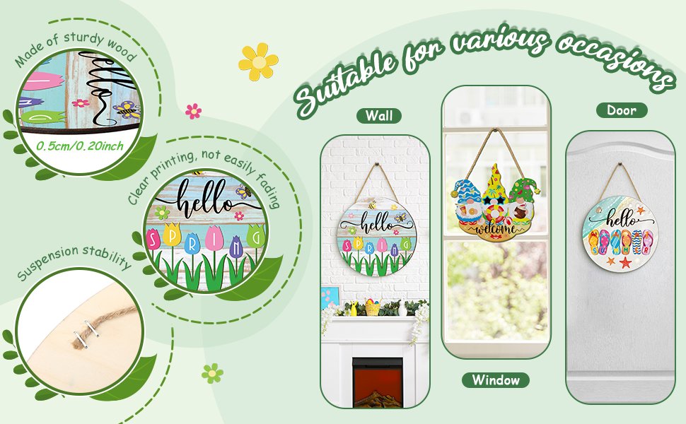 Collage of decorative wooden signs for various occasions, including spring tulips, gnomes, and summer flip-flops.