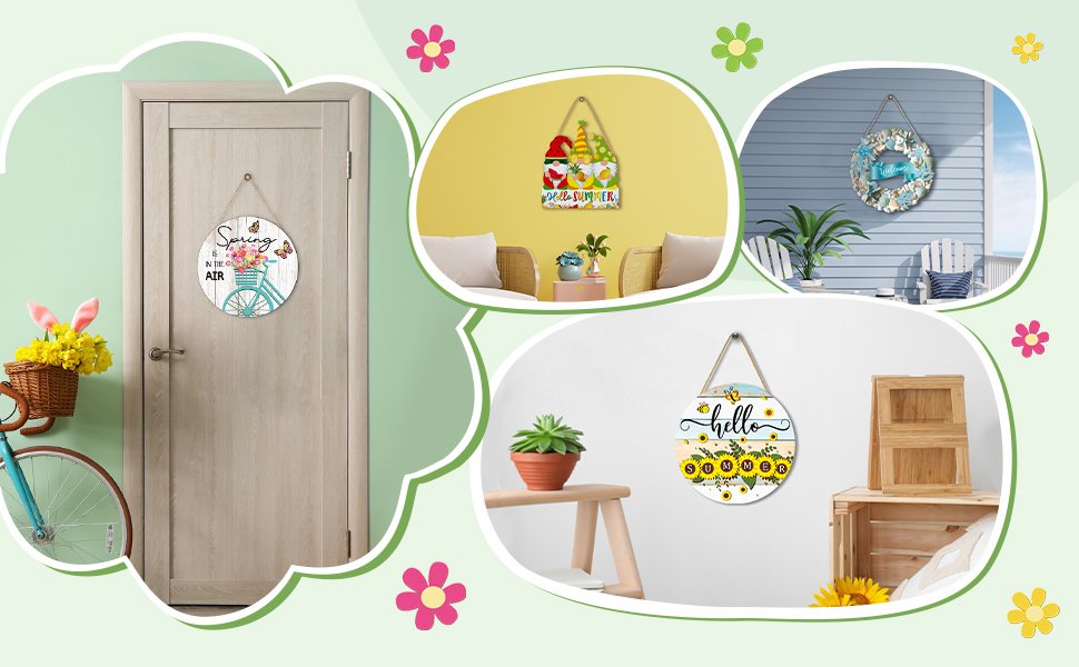 Collage of four seasonal wooden door signs with decorative elements and text.