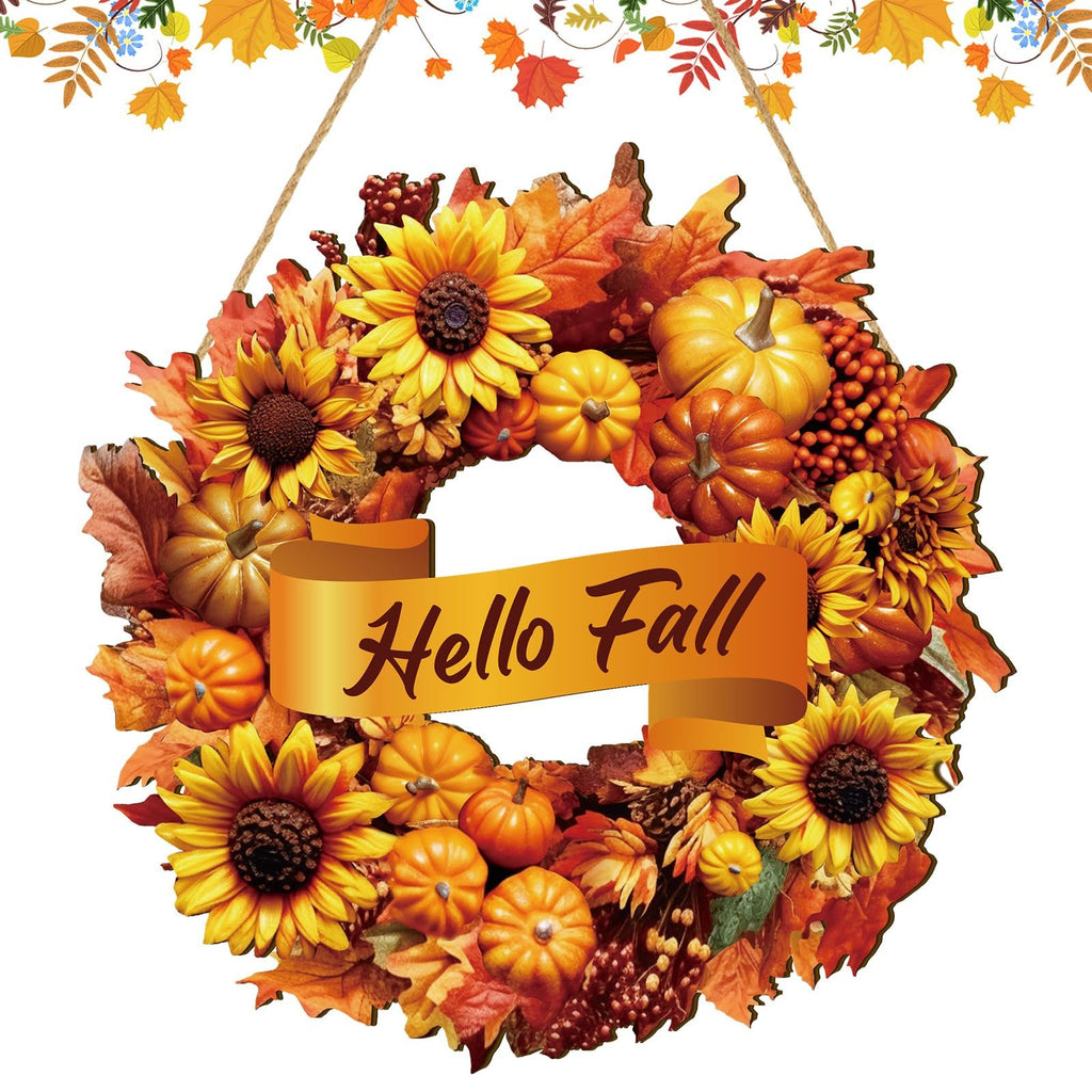 Rustic wooden fall wreath sign with sunflowers, pumpkins, maple leaves, and berries, featuring a banner that says 'Hello Fall'.