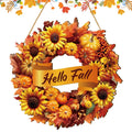 Rustic wooden fall wreath sign with sunflowers, pumpkins, maple leaves, and berries, featuring a banner that says 'Hello Fall'.