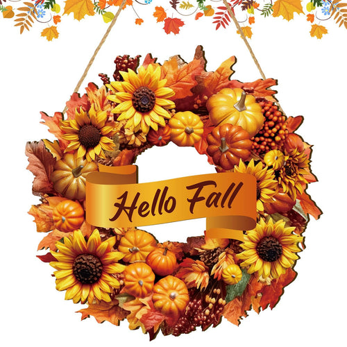 Rustic wooden fall wreath sign with sunflowers, pumpkins, maple leaves, and berries, featuring a banner that says 'Hello Fall'.