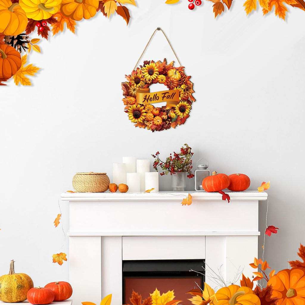 Rustic wooden fall wreath sign with sunflowers, pumpkins, maple leaves, and berries, reading 'Hello Fall', hanging above a fireplace.