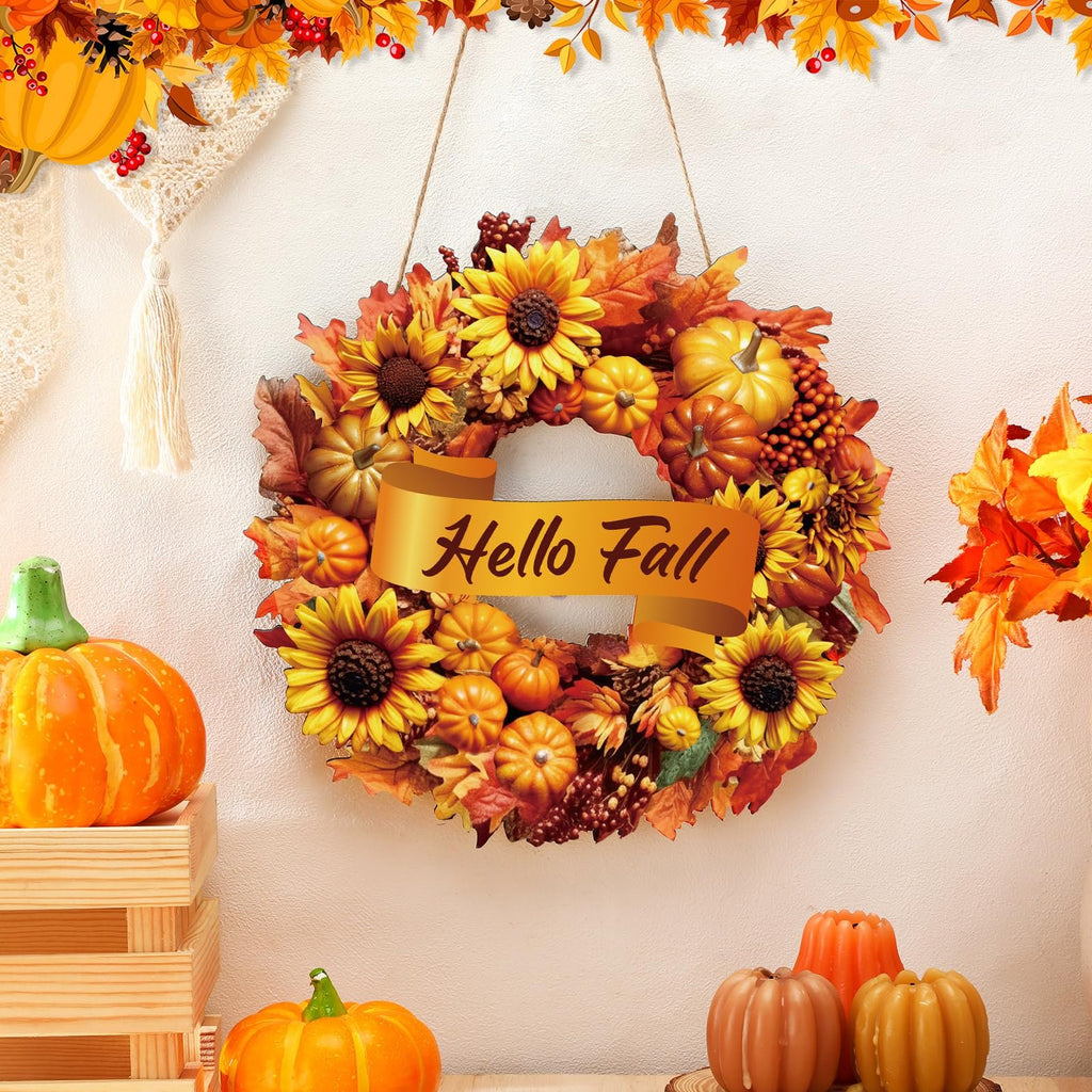 Rustic wooden fall wreath sign with sunflowers, pumpkins, maple leaves, and berries, reads 'Hello Fall'.