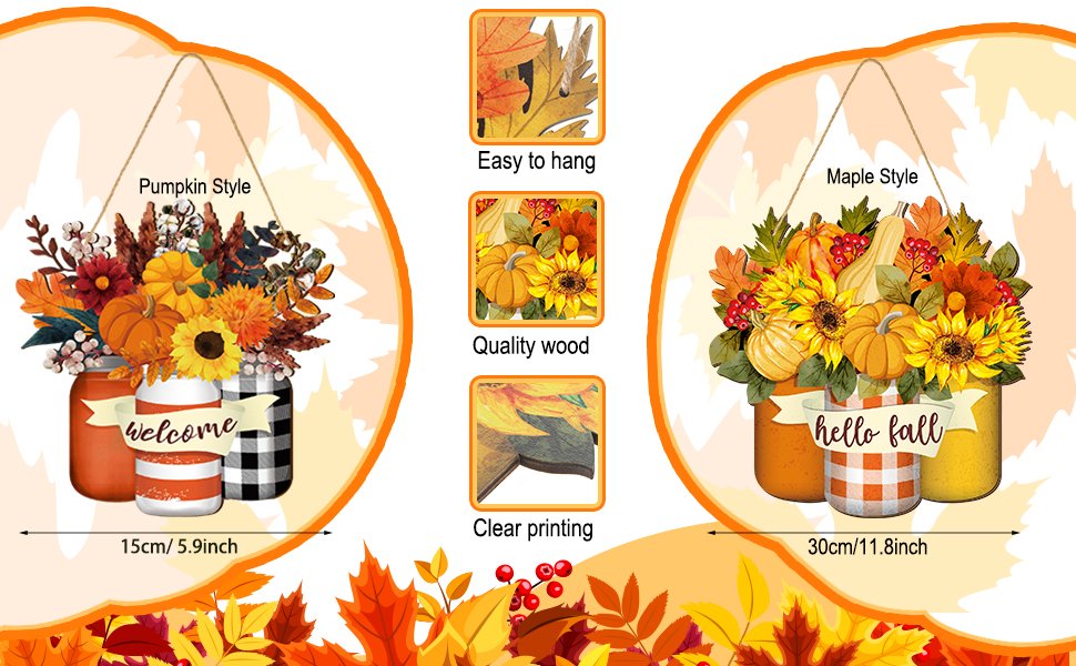 Two fall-themed hanging signs with sunflowers, pumpkins, and leaves, one labeled 'Pumpkin Style' and the other 'Maple Style'.