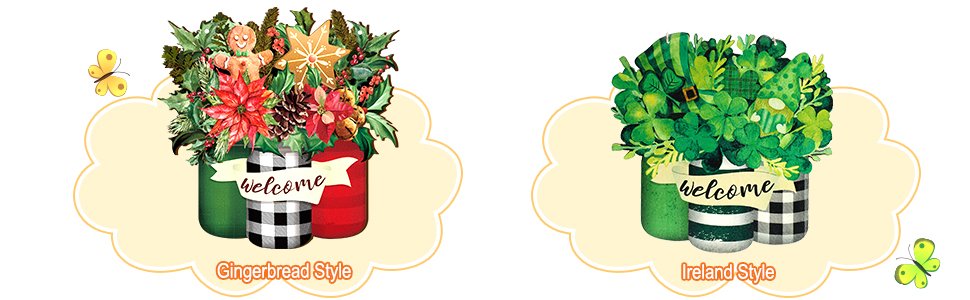 Two decorative welcome signs, one with gingerbread and poinsettias, the other with shamrocks and a leprechaun hat.