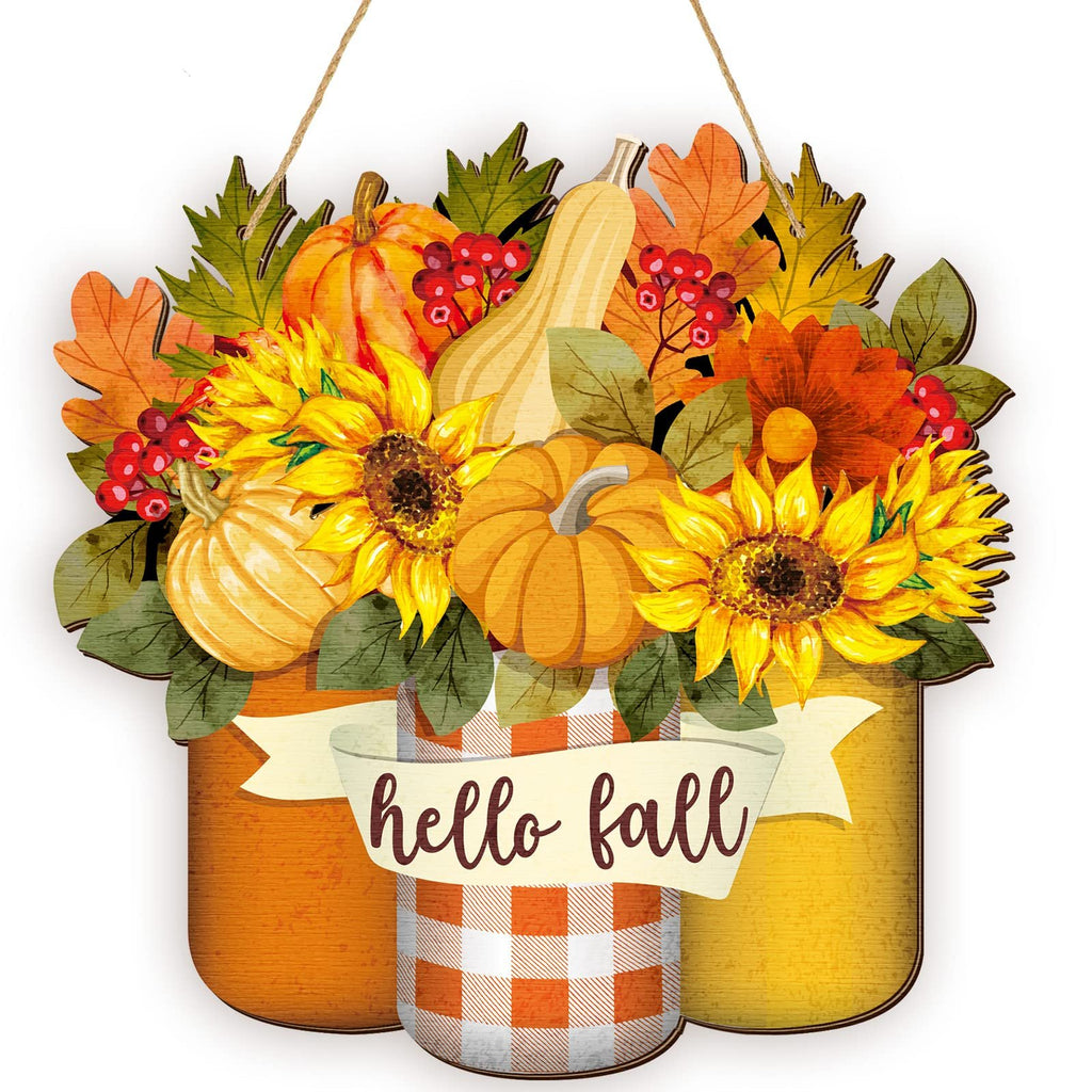 Fall welcome sign with sunflowers, pumpkins, leaves, and berries, featuring a banner that says 'hello fall'.