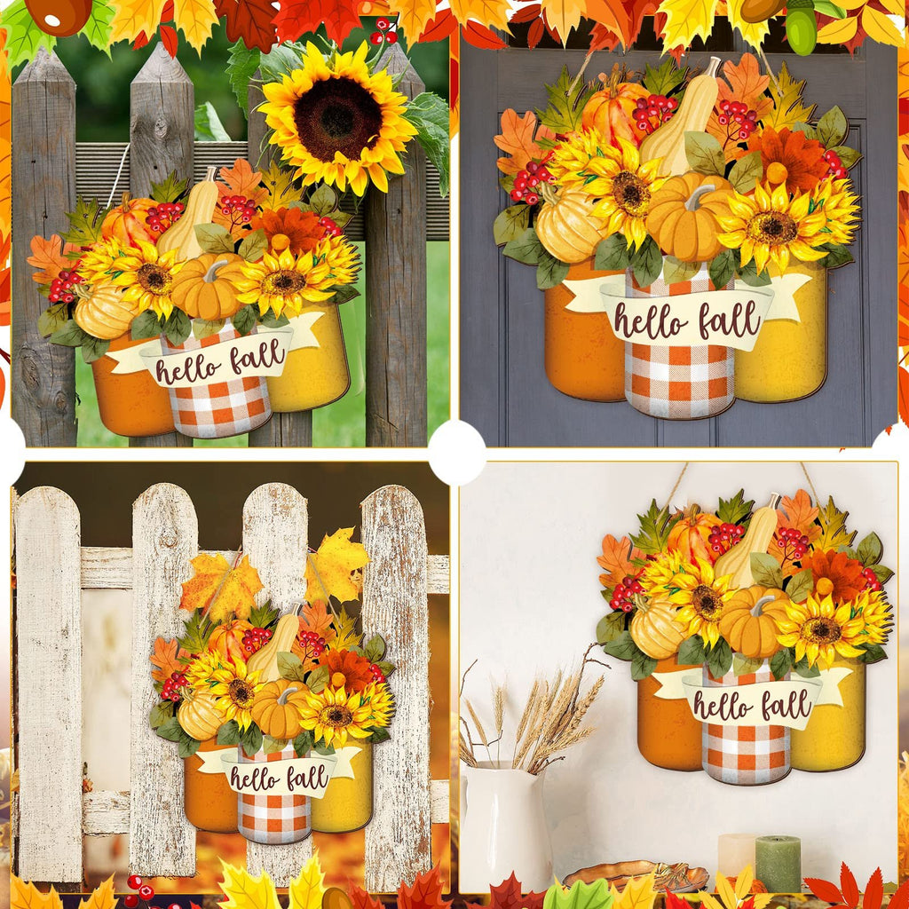 Collage of fall welcome signs with sunflowers, pumpkins, and maple leaves, each featuring a banner that says 'hello fall'.