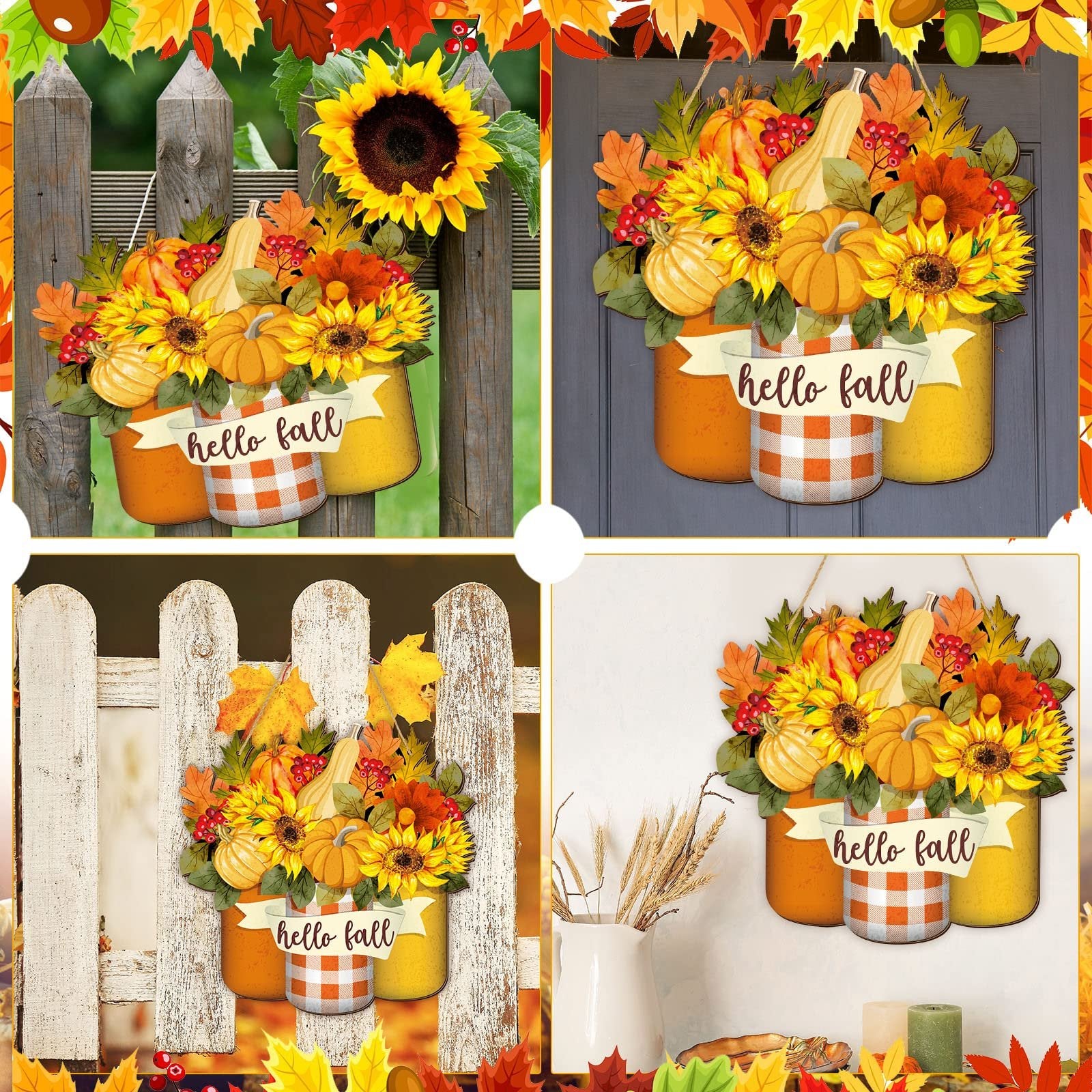 Collage of fall welcome signs with sunflowers, pumpkins, and maple leaves, each featuring a banner that says 'hello fall'.