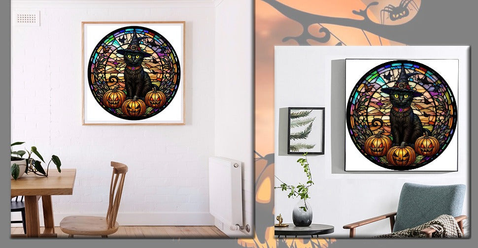 Diamond painting kit of a black cat in a witch hat with pumpkins, displayed in a room setting.