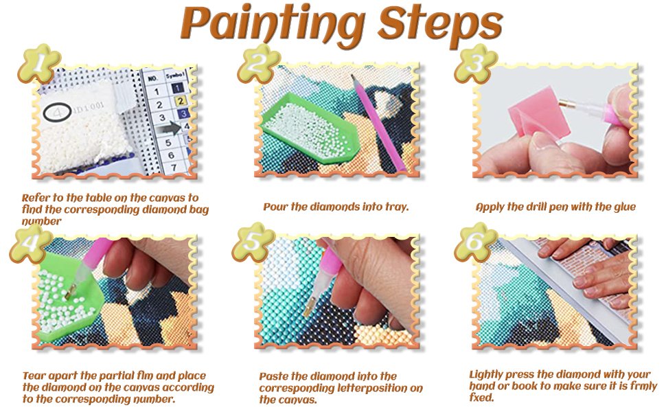 Diamond painting kit instructions showing 6 steps with text and images.