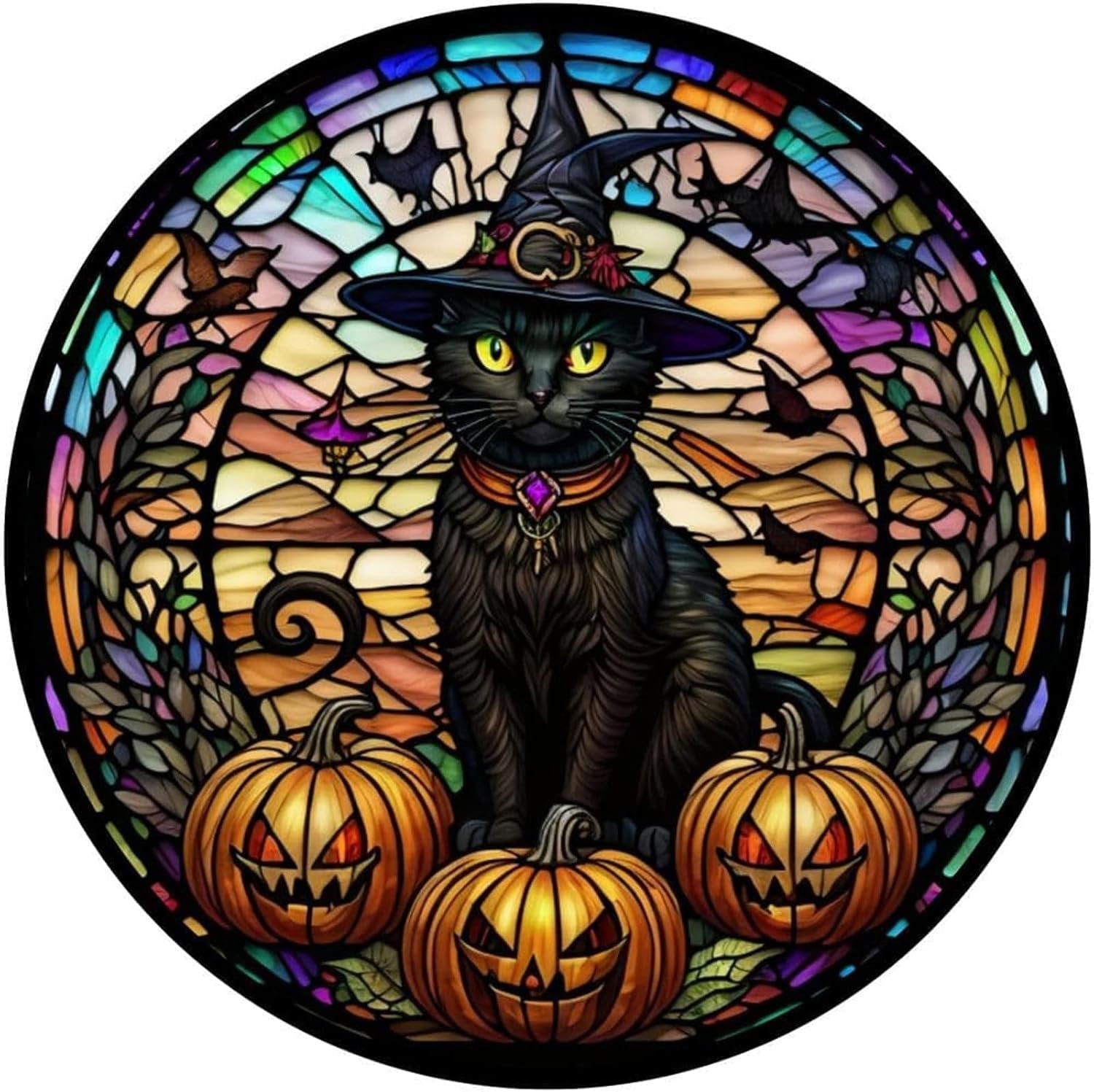 Stained glass art of a black cat wearing a witch hat and collar, sitting in front of three jack-o'-lanterns with a colorful, bat-filled background.
