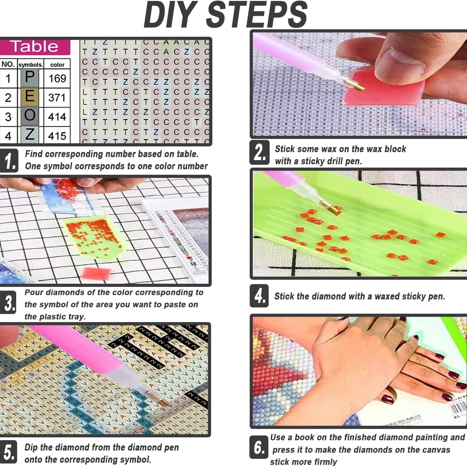 Diamond painting kit instructions showing 6 steps with diagrams and text. Includes a symbol table and how-to guides.