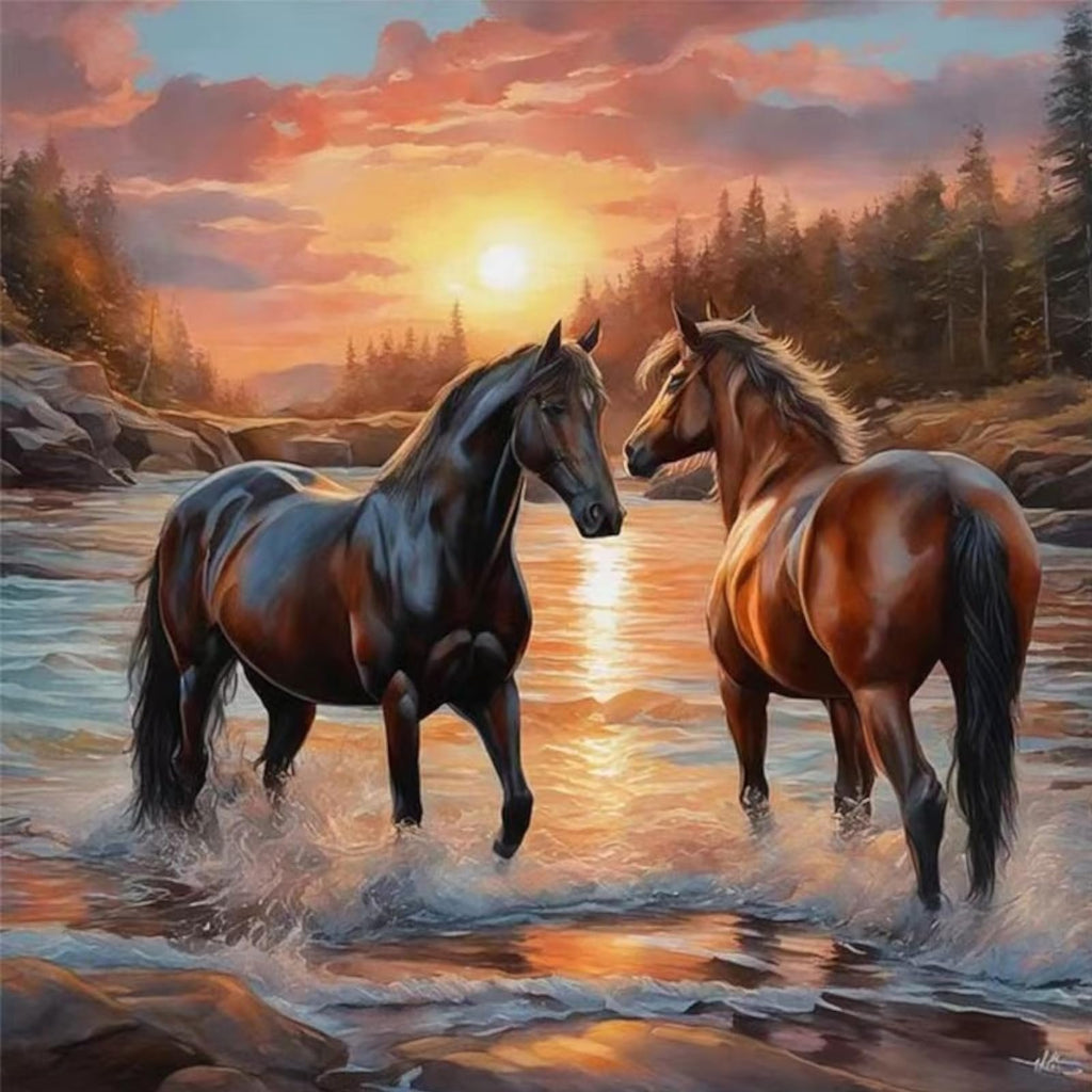 Two horses standing in shallow water at sunset, with a forest and rocky shore in the background.