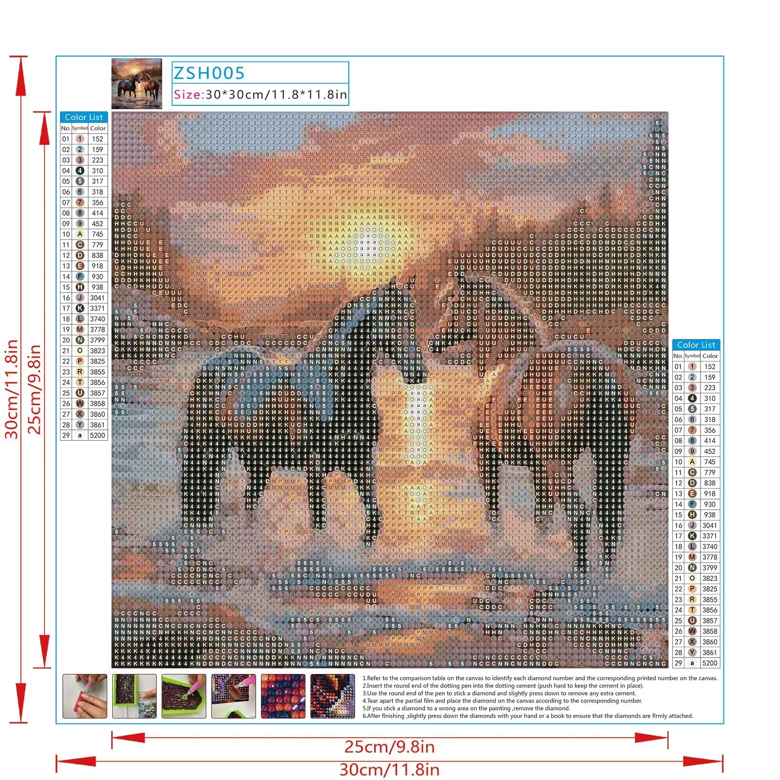 Diamond painting kit with two horses in a field, showing color list and instructions. Full drill round diamond painting.