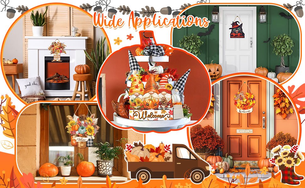 Collage of fall-themed home decorations including welcome signs, gnomes, and pumpkins.